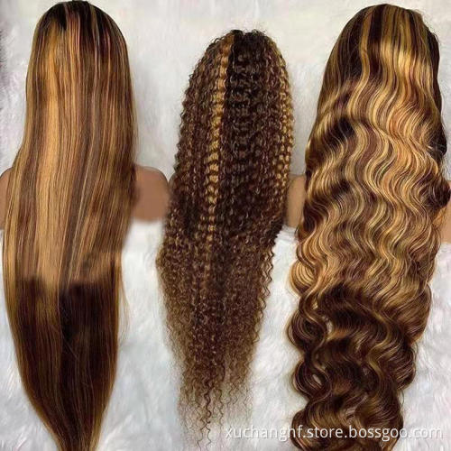 Glueless Highlight 36inch Water Wave Hair Wigs,Brazilian Virgin Lace Front Wig,Natural Pre-plucked Hairline Lace Frontal Wigs